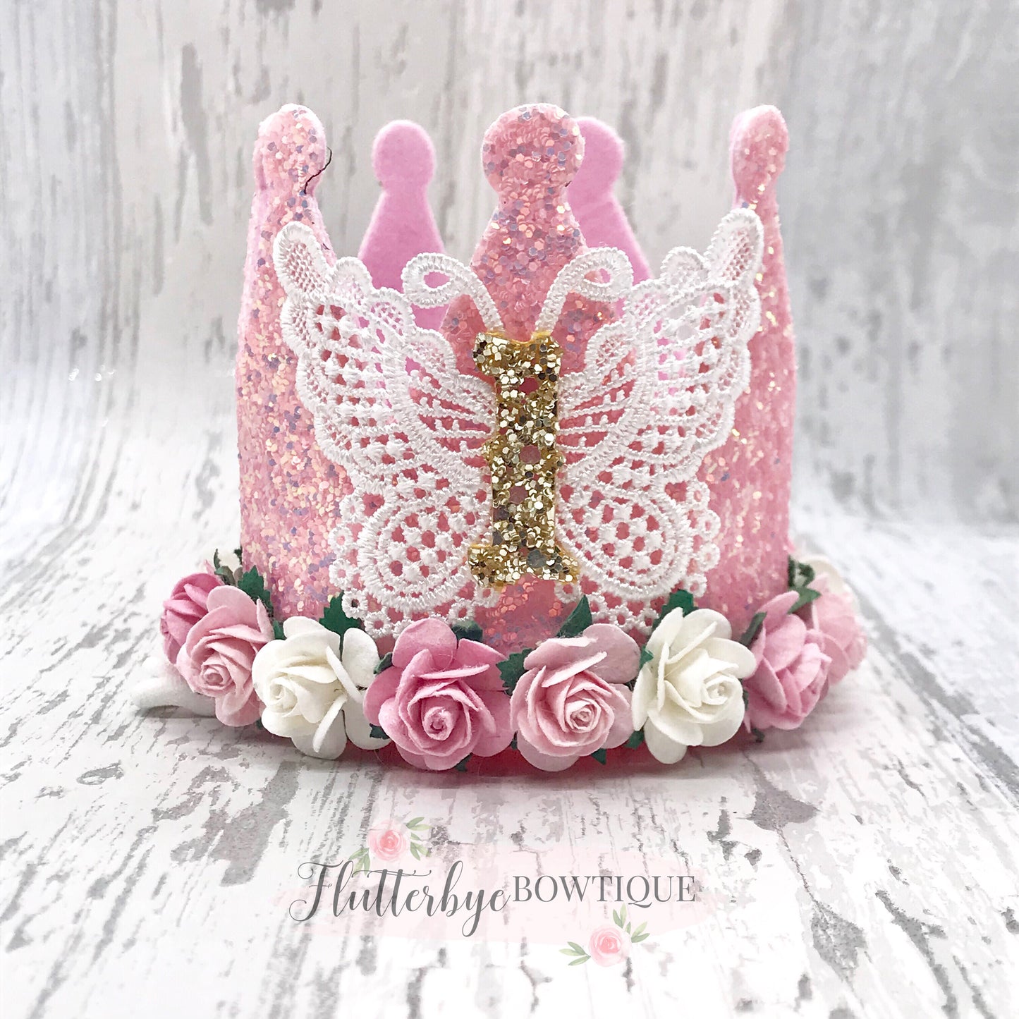 Lace Butterfly Birthday Crown, Cake Smash Props - Flutterbye Bowtique