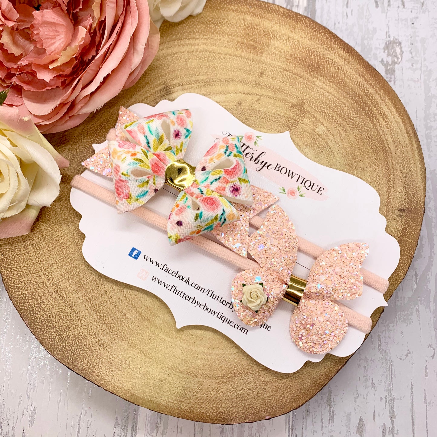 Peach Glitter Butterfly Hair Clip, Floral Butterflies bow - Flutterbye Bowtique