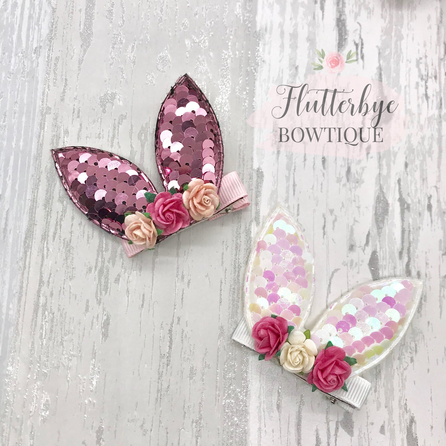 Cute Sequin Bunny Hair Clip, Floral bunny clip set - Flutterbye Bowtique