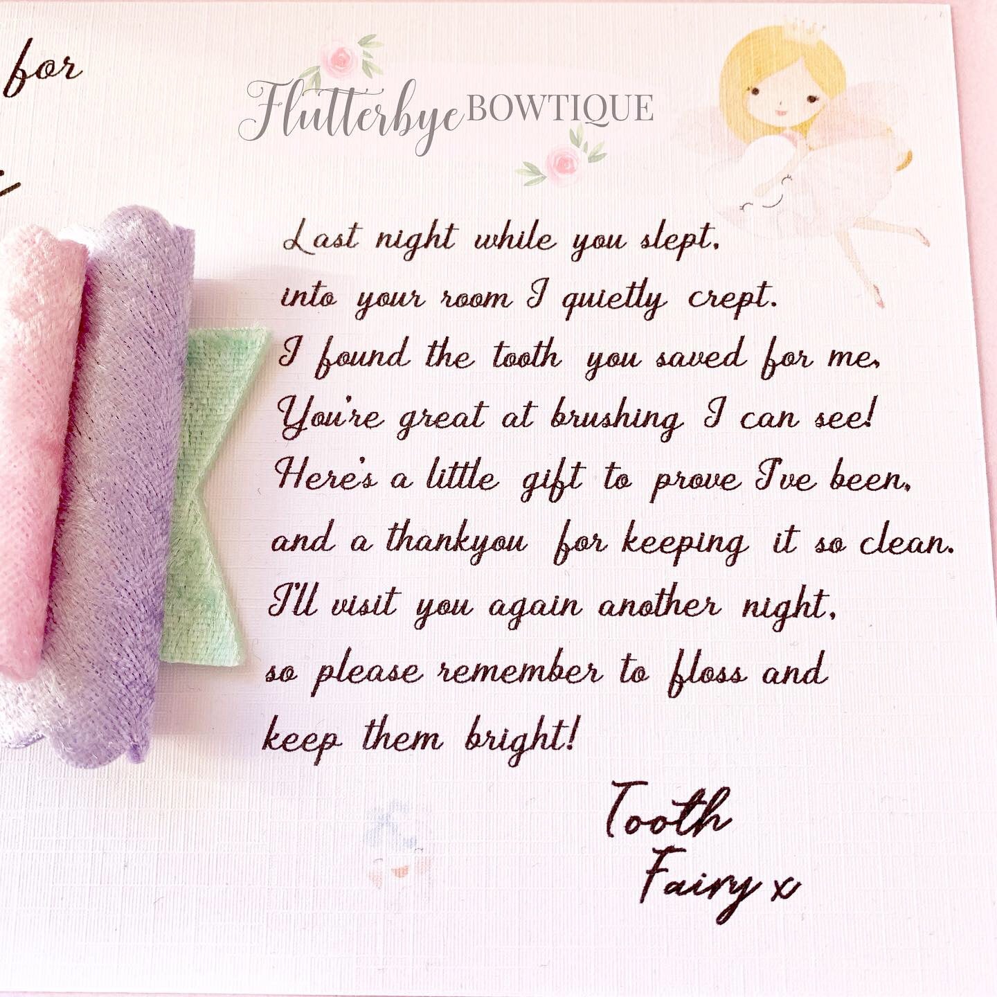 Tooth Fairy Hair Bow and card gift - Flutterbye Bowtique