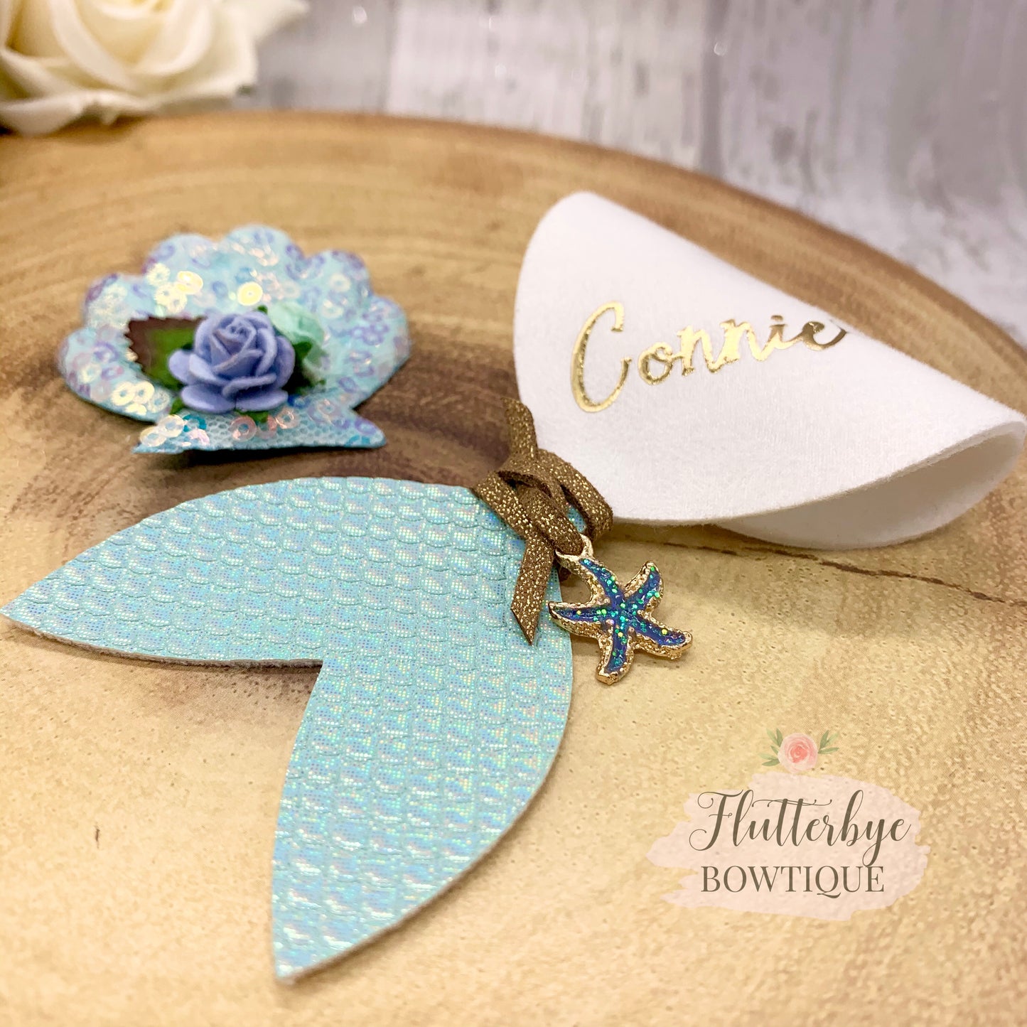 Personalised Mermaid Hair Bow and Shell clip set - Flutterbye Bowtique