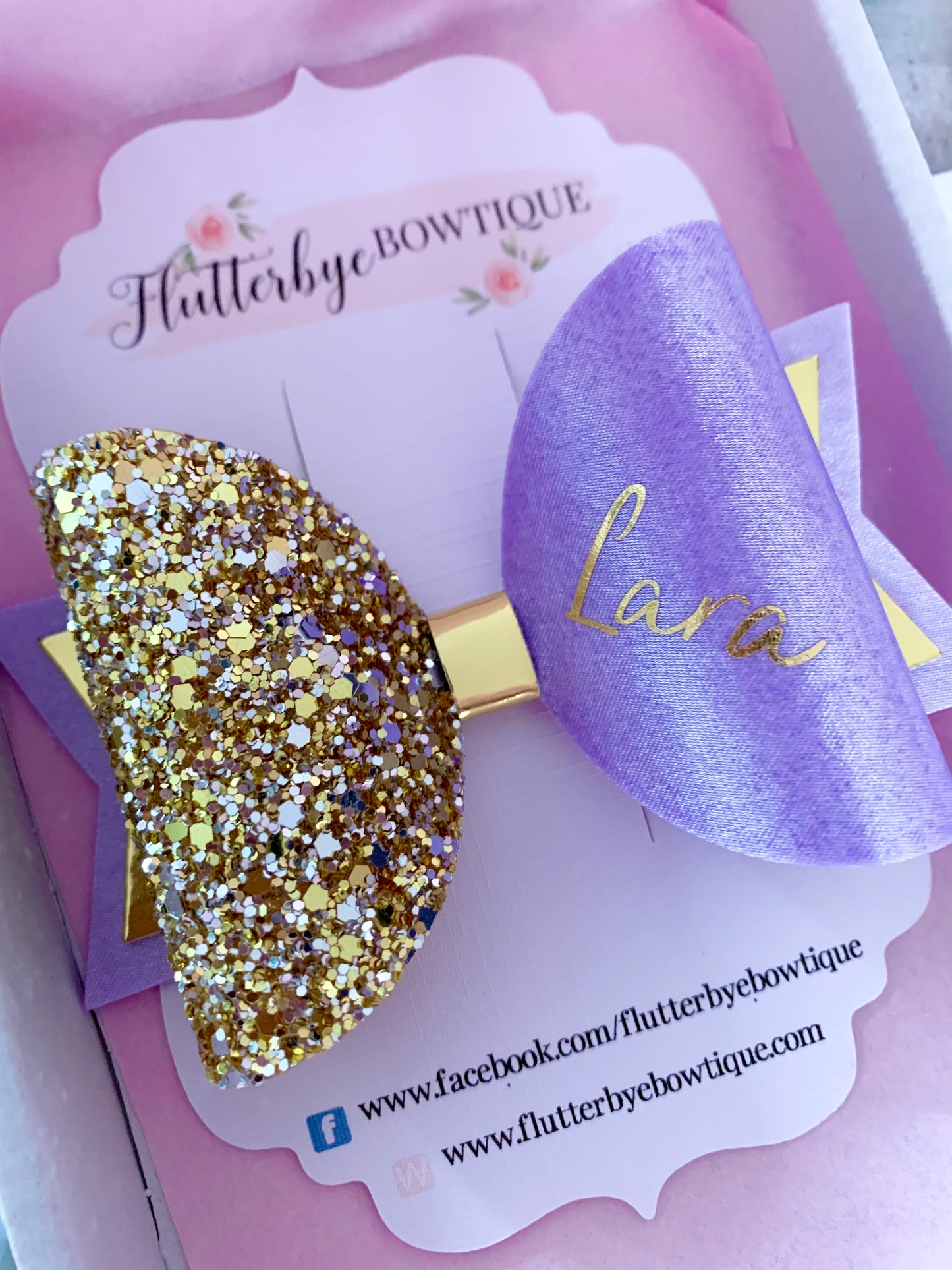 Personalised Lilac Satin Bow, Gold Glitter Name Bow