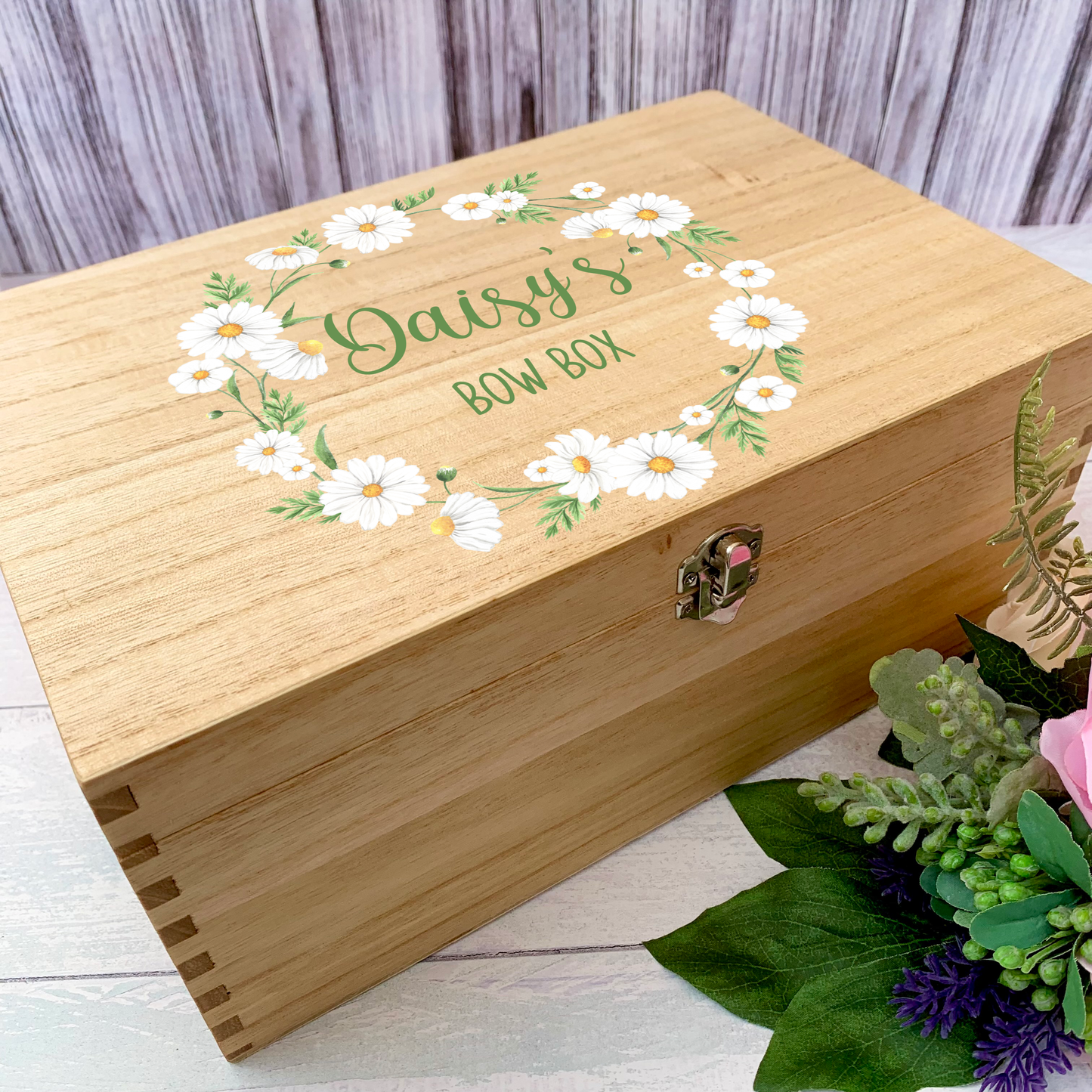 Daisy Bow Box, personalised wooden box