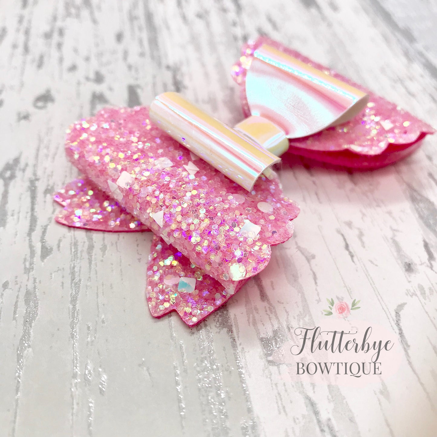 Iridescent Glitter and Mirror Scalloped Double Bow - Flutterbye Bowtique