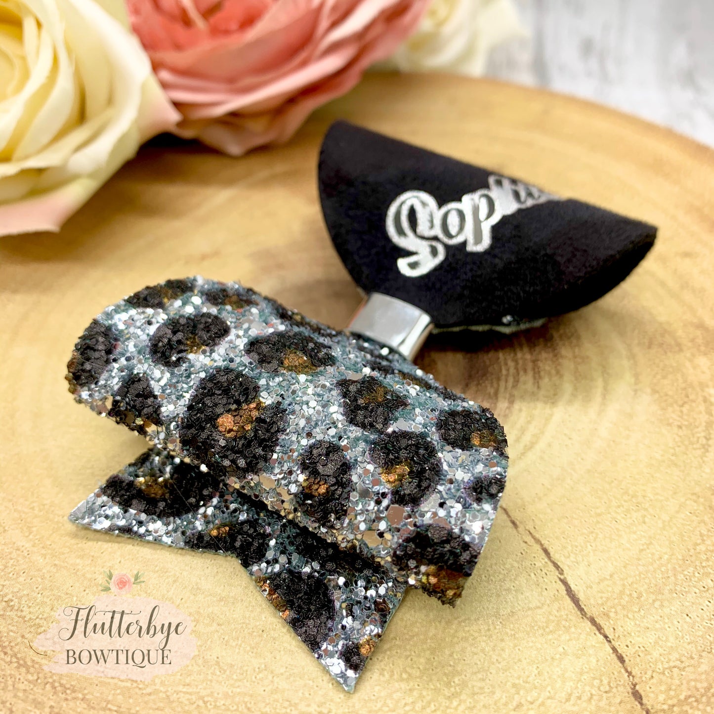 Silver Personalised Leopard Glitter Hair Bow