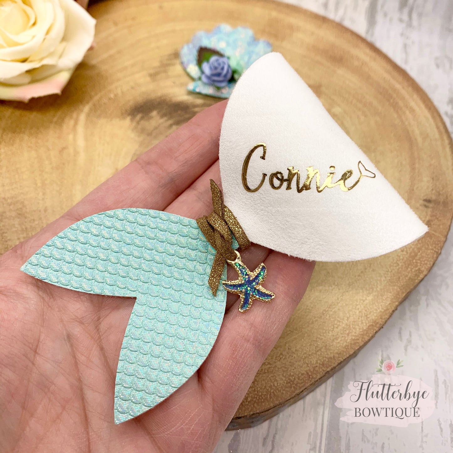 Personalised Mermaid Hair Bow and Shell clip set - Flutterbye Bowtique