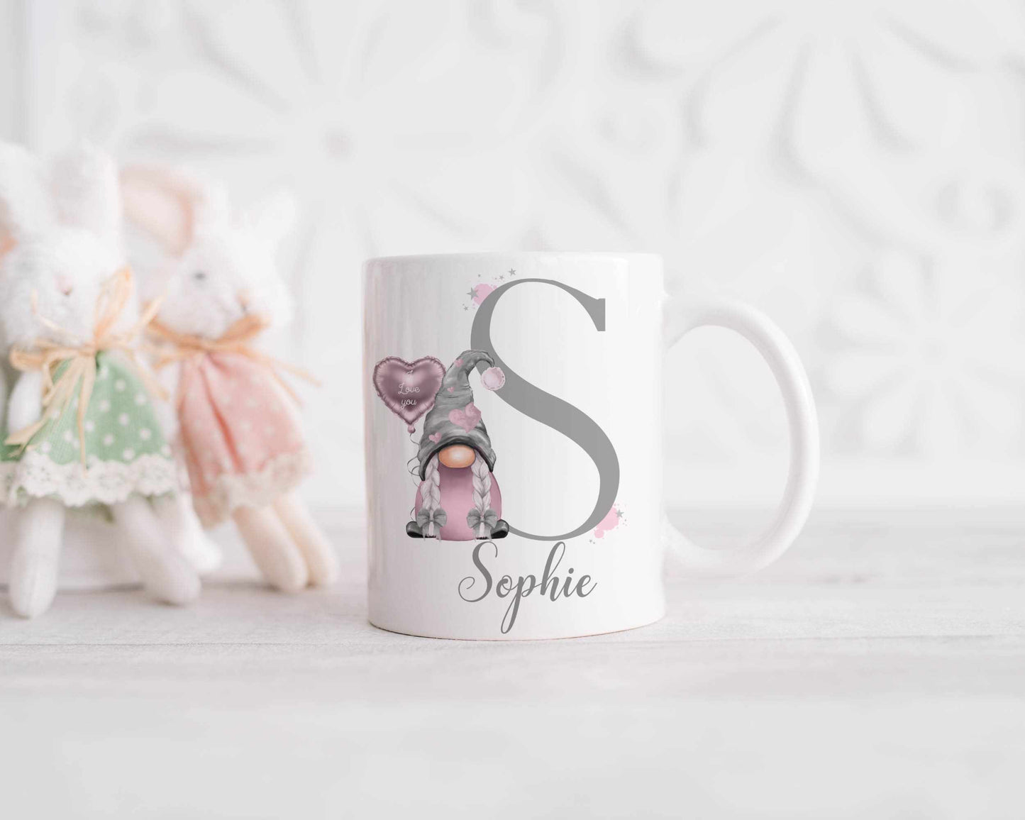 Personalised Pink Gnome Alphabet Mug