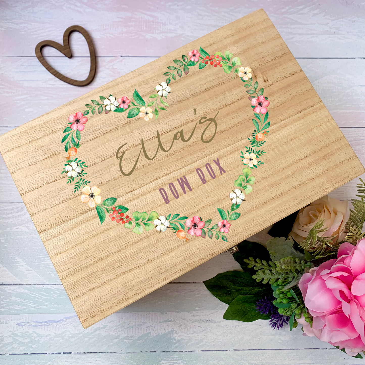 Floral Heart Bow Box, personalised wooden box