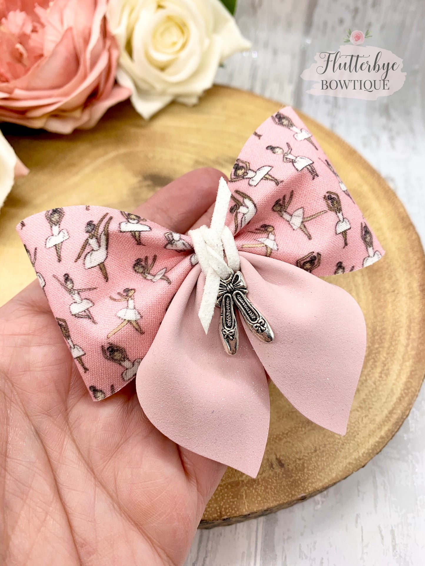 Ballerina Party Pinch Hair Bow, ballet shoes charm Hair Bow - Flutterbye Bowtique
