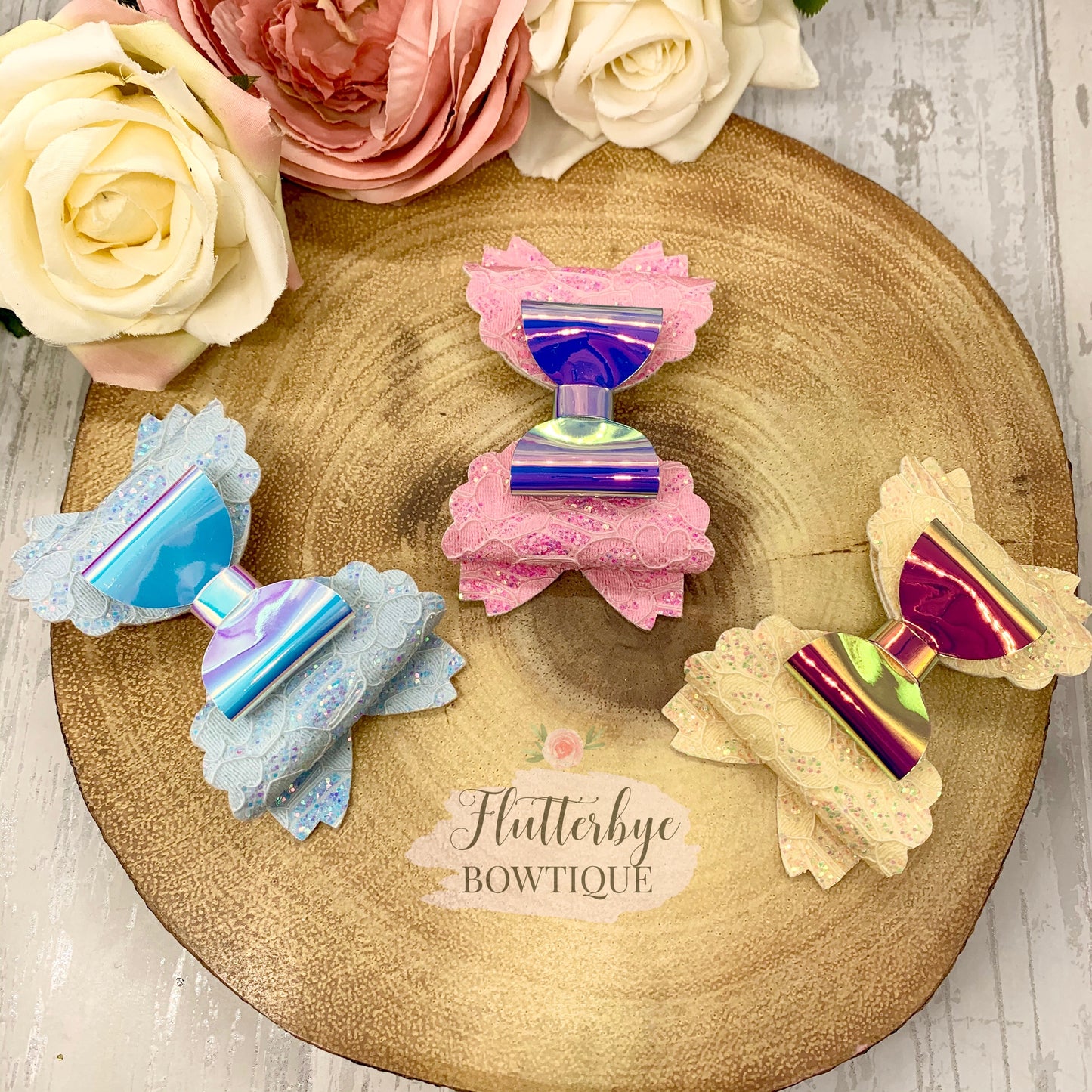 Iridescent Glitter Lace and Mirror Scalloped Double Bow - Flutterbye Bowtique
