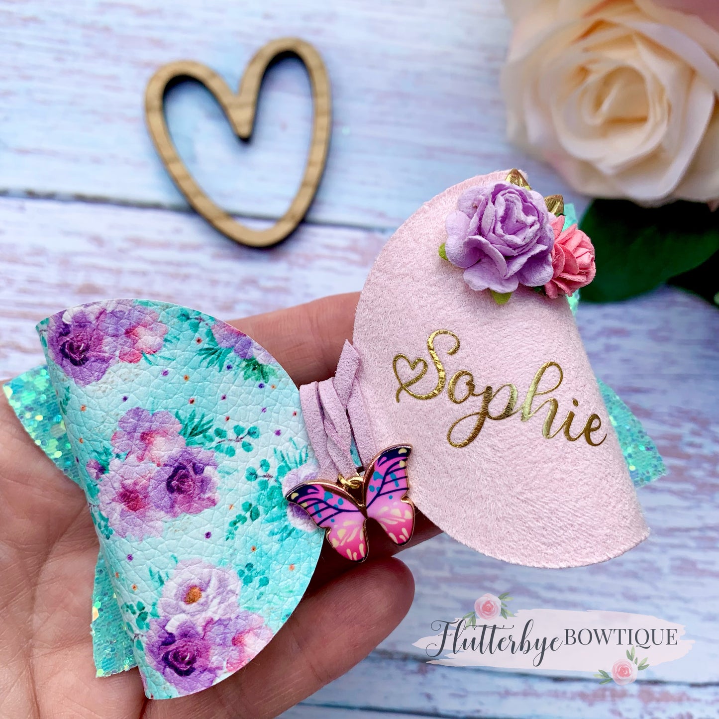 Mint Floral Hair Clips, Butterfly Charm bow