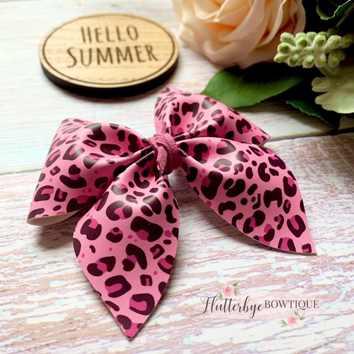 Bright Leopard Party Pinch Hair Bow, Animal Print Leather