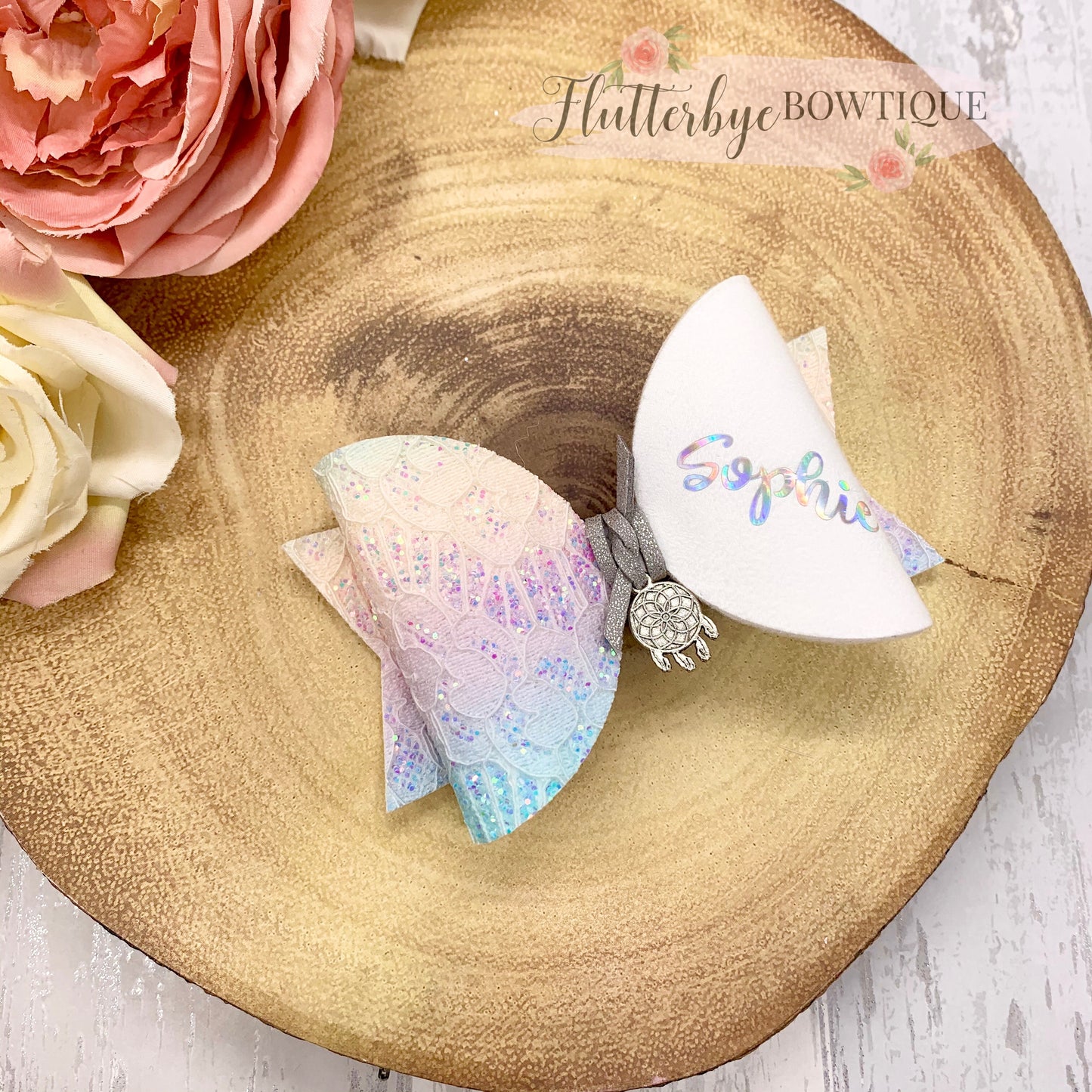 Pastel Dream Lace Hair Clips, Dream Catcher Charm bow - Flutterbye Bowtique