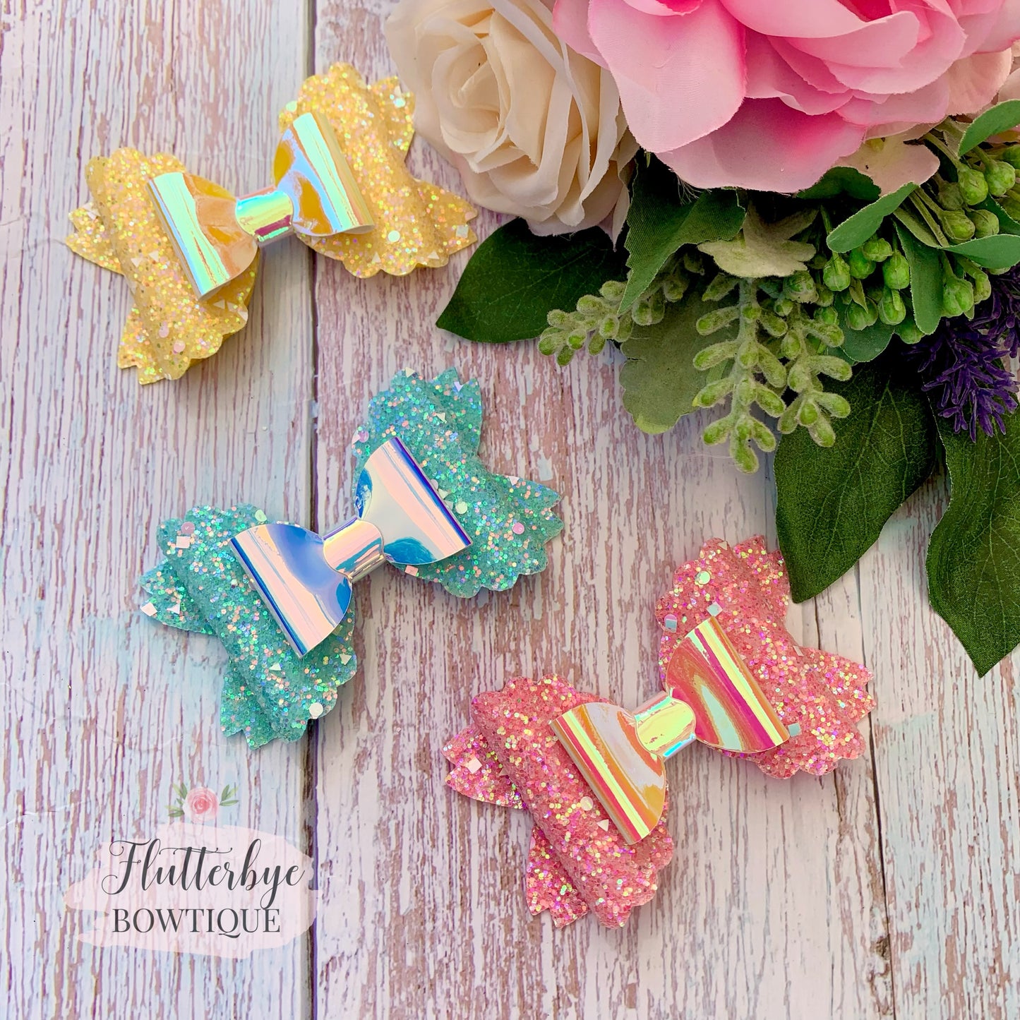 Iridescent Glitter and Mirror Scalloped Double Bow