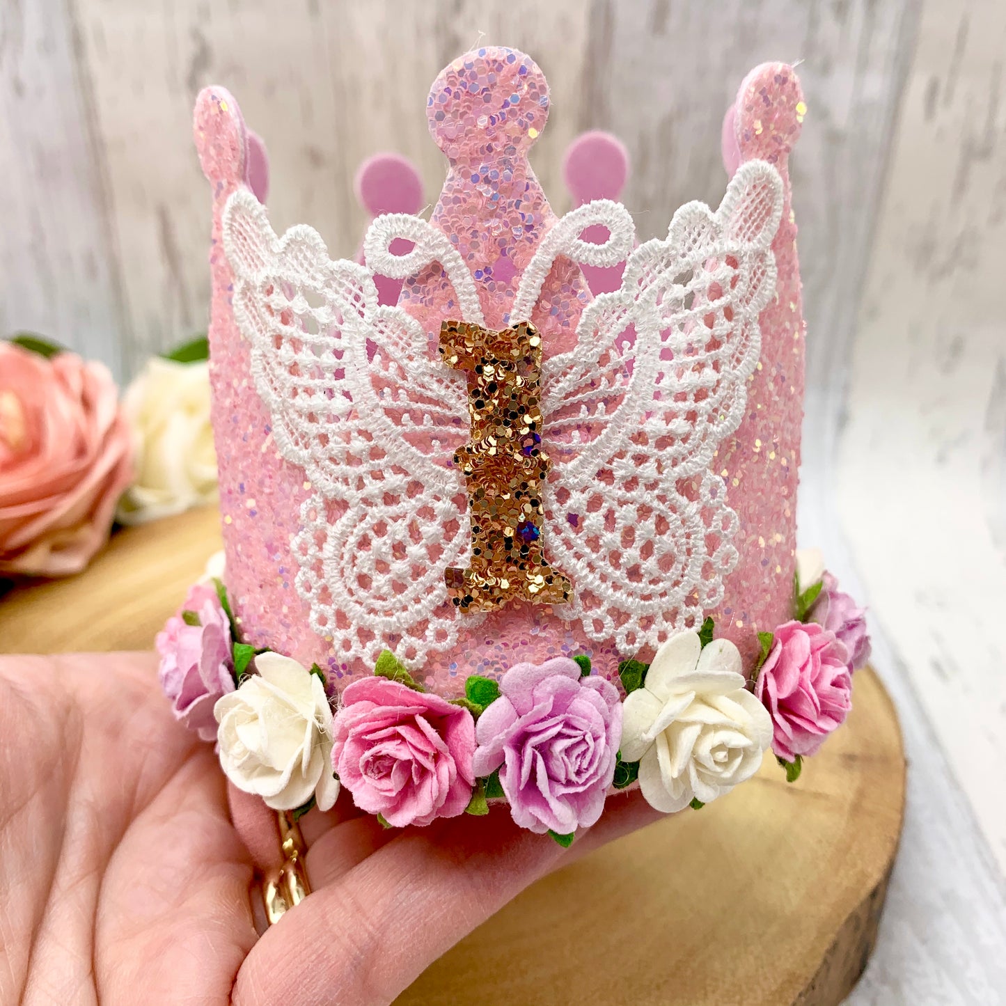 Lace Butterfly Birthday Crown, Cake Smash Props - Flutterbye Bowtique