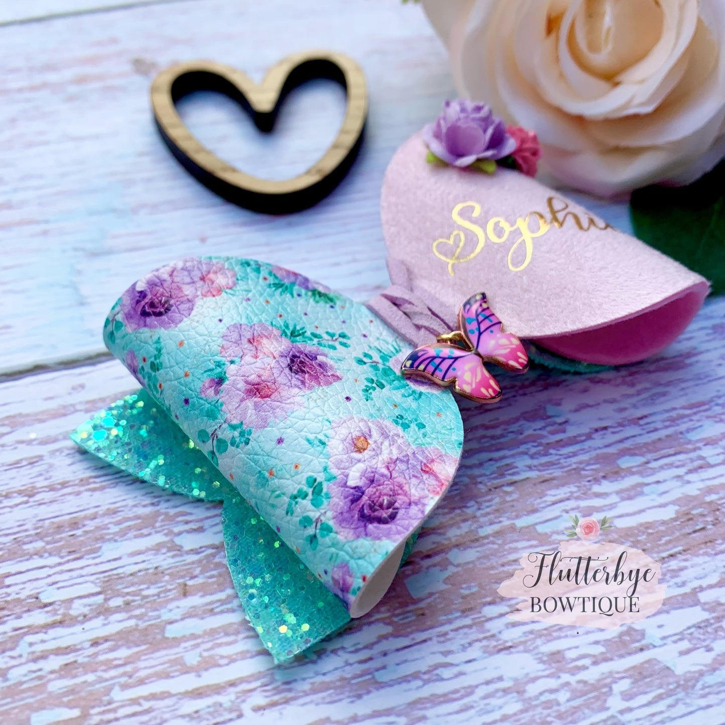 Mint Floral Hair Clips, Butterfly Charm bow