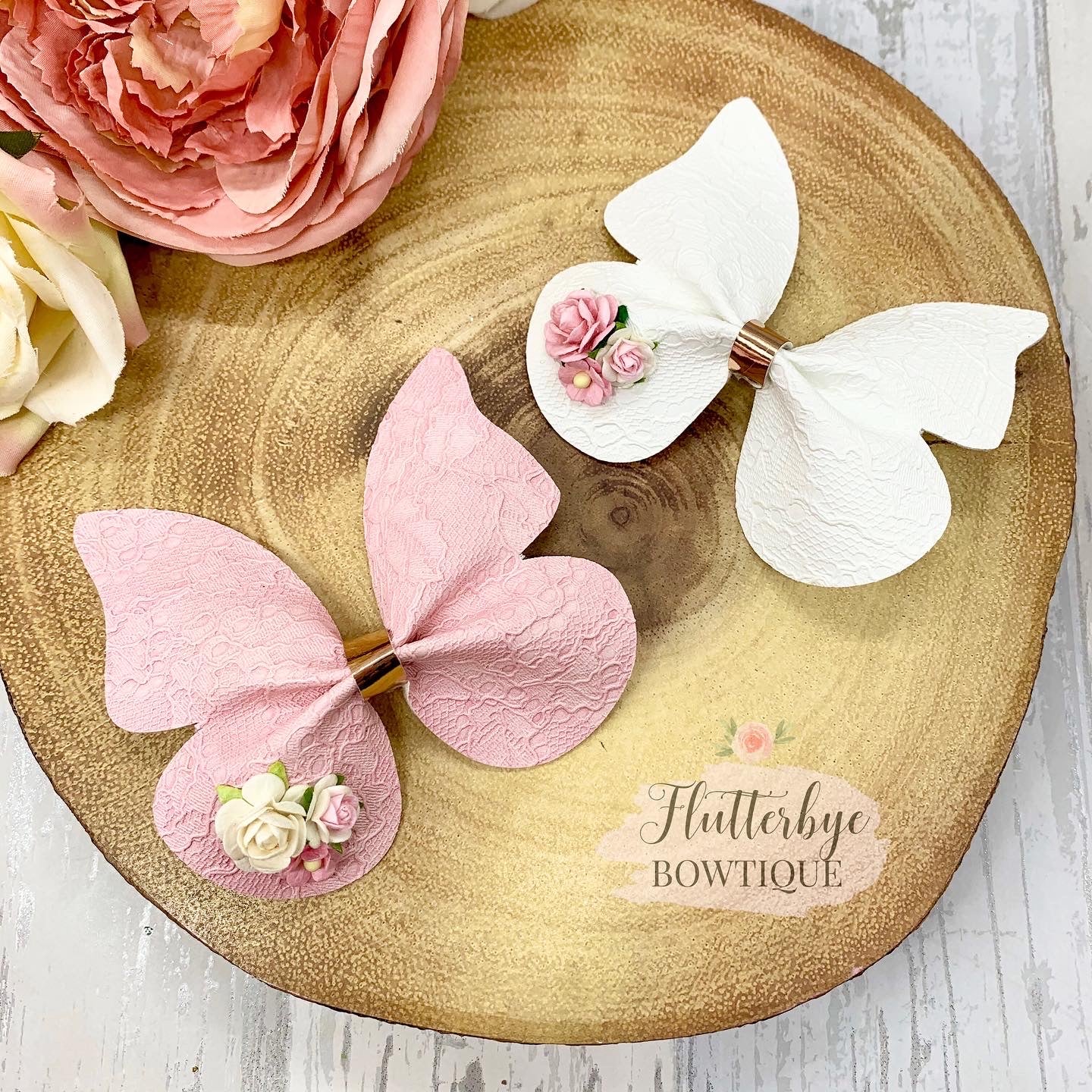 Lace Leatherette Butterfly Hair Clip, Floral Butterflies bow - Flutterbye Bowtique