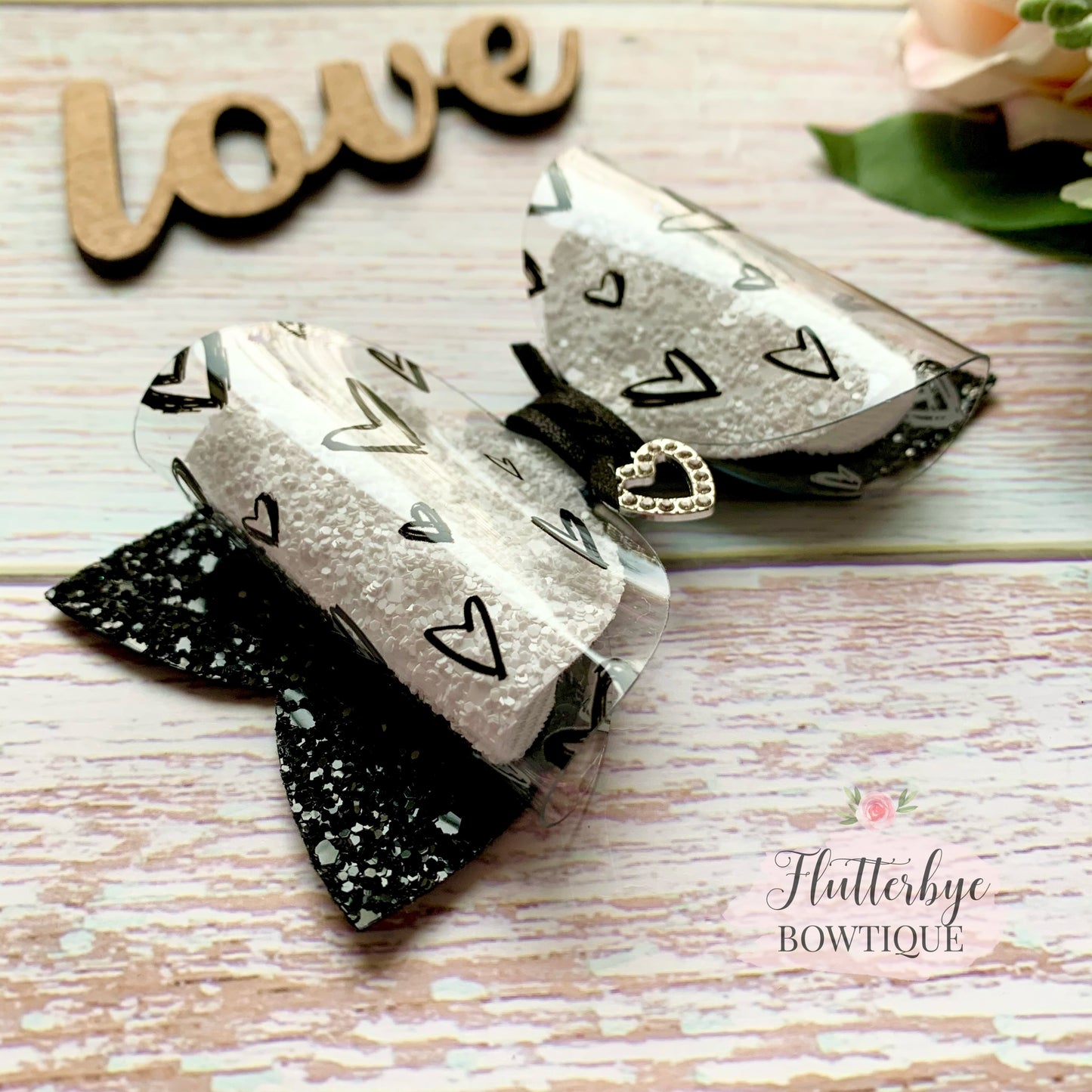 Monochrome Hearts Sparkle Glitter Hair Bow