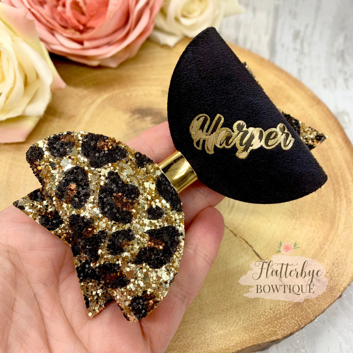 Personalised Leopard Glitter Hair Bow - Flutterbye Bowtique
