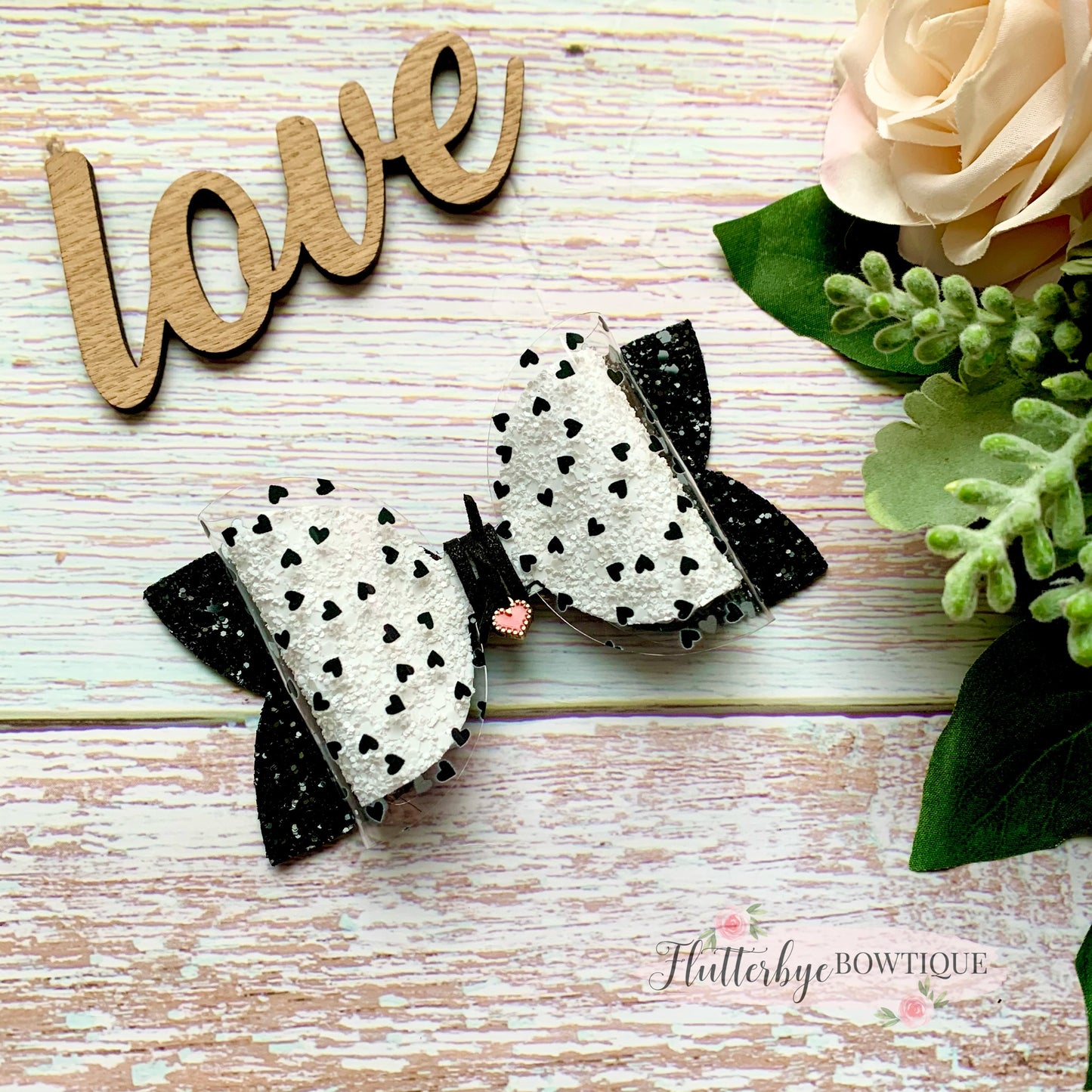 Tiny Monochrome Hearts Sparkle Glitter Hair Bow
