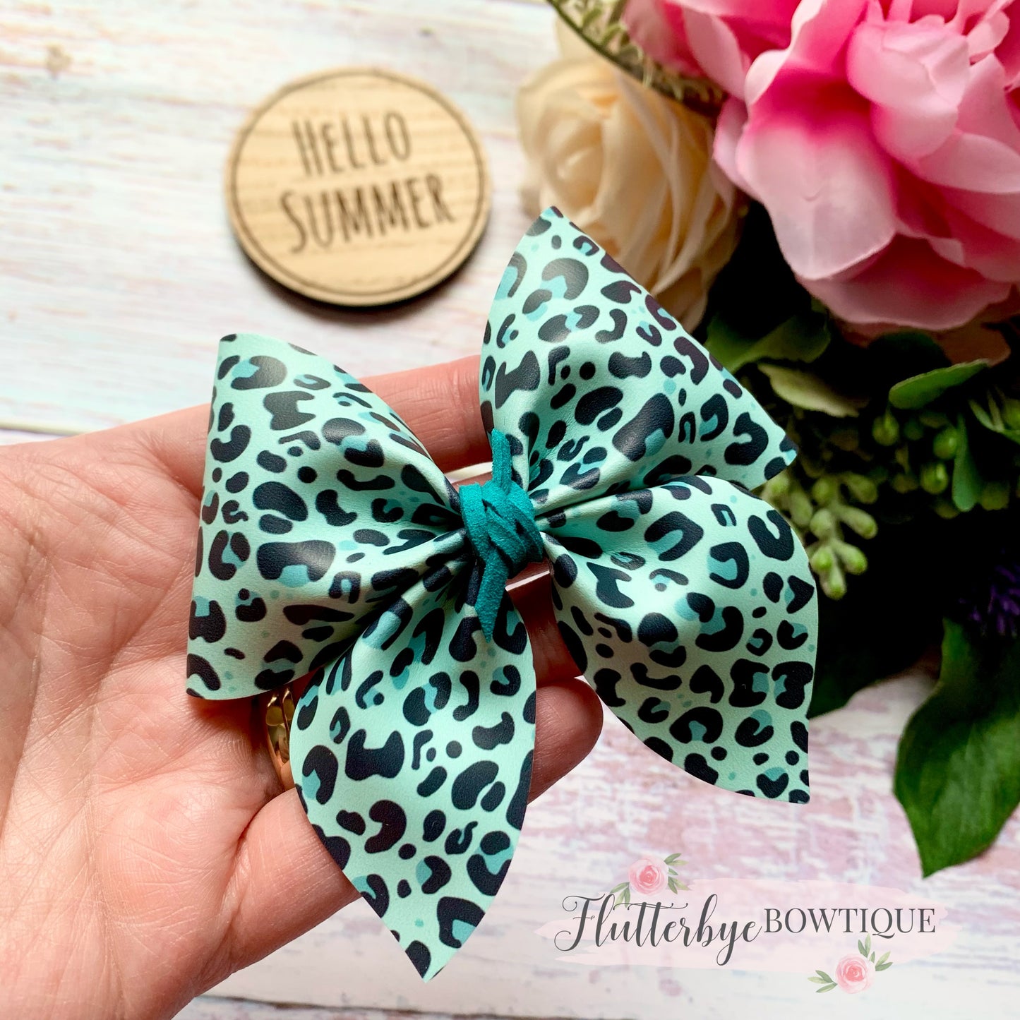 Bright Leopard Party Pinch Hair Bow, Animal Print Leather