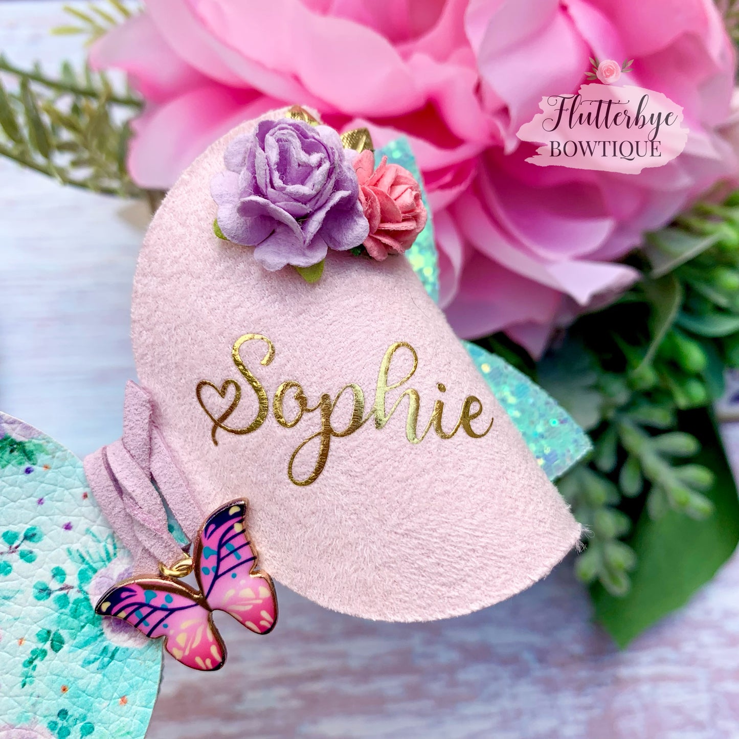 Mint Floral Hair Clips, Butterfly Charm bow