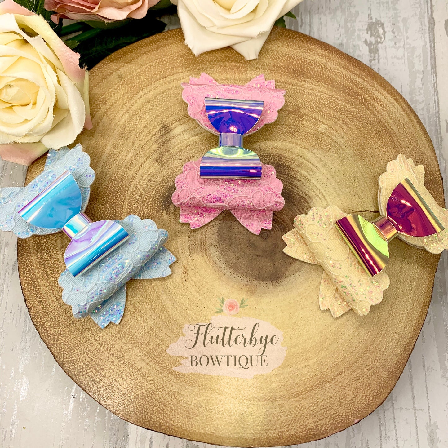 Iridescent Glitter Lace and Mirror Scalloped Double Bow - Flutterbye Bowtique