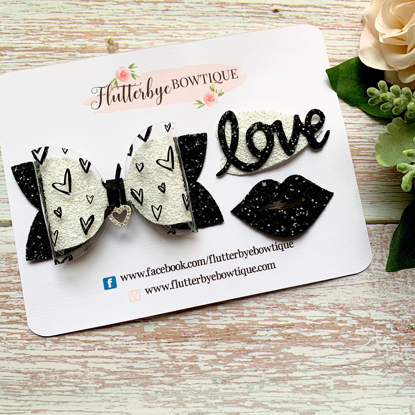 Monochrome Hearts Sparkle Glitter Hair Bow