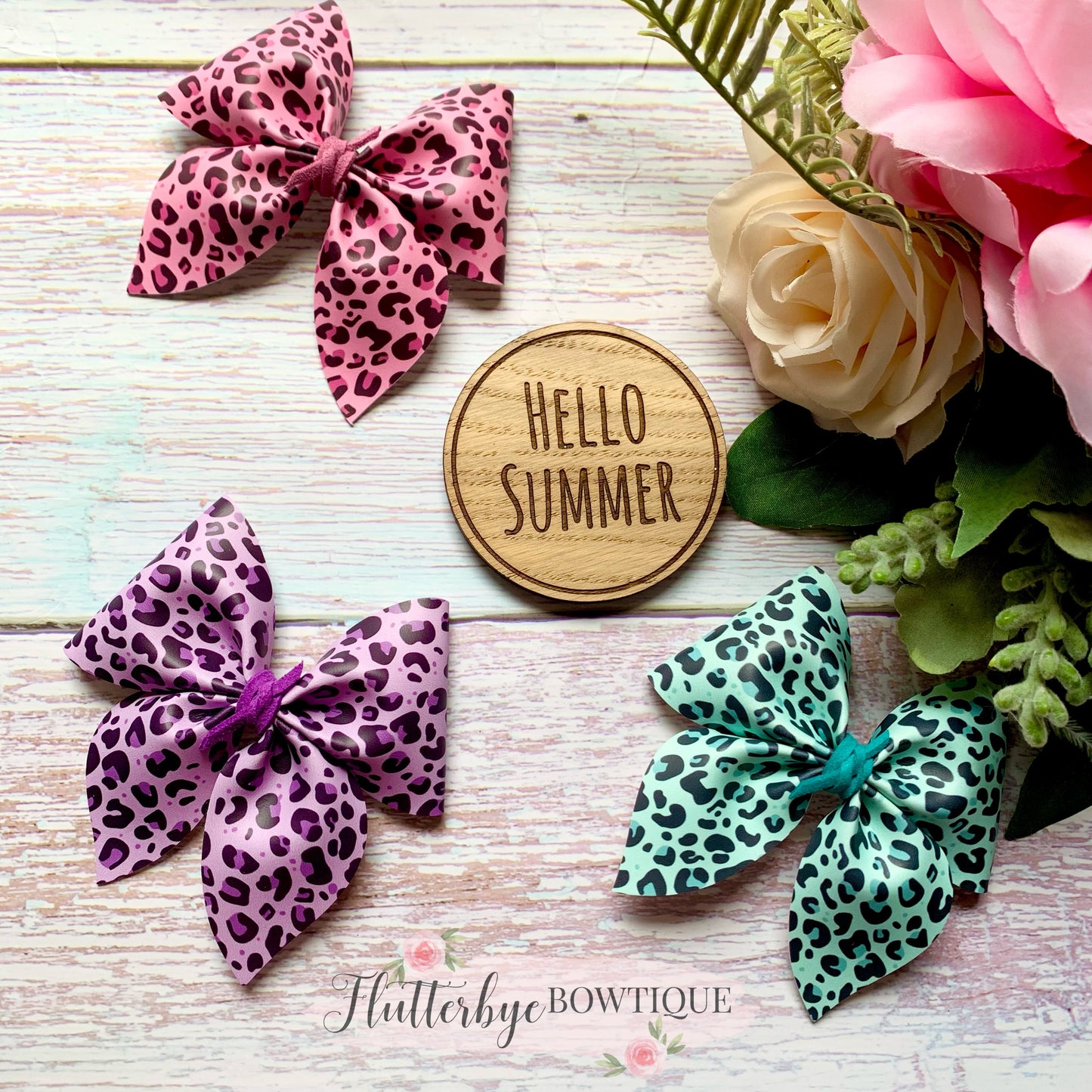 Bright Leopard Party Pinch Hair Bow, Animal Print Leather