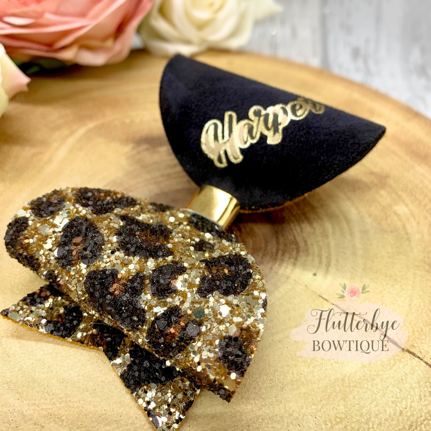 Personalised Leopard Glitter Hair Bow - Flutterbye Bowtique