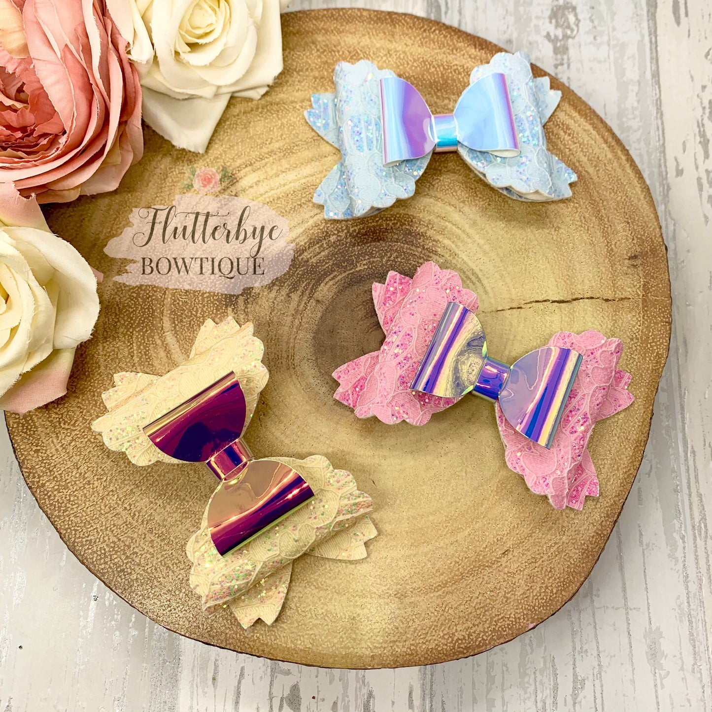 Iridescent Glitter Lace and Mirror Scalloped Double Bow - Flutterbye Bowtique
