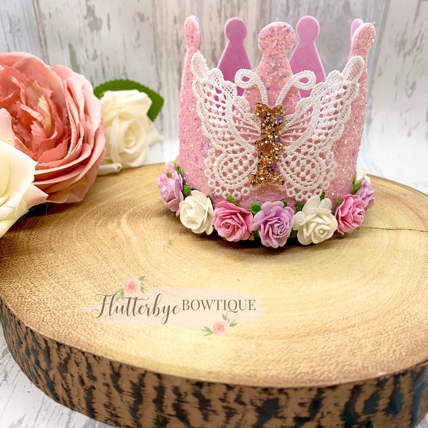 Lace Butterfly Birthday Crown, Cake Smash Props - Flutterbye Bowtique