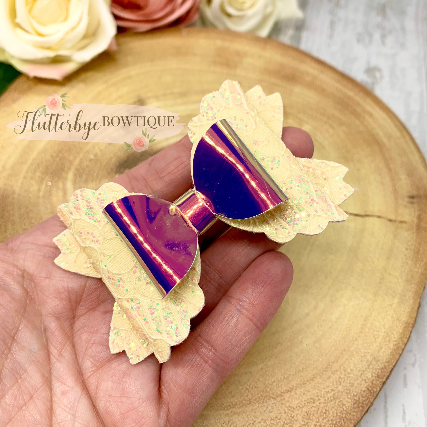 Iridescent Glitter Lace and Mirror Scalloped Double Bow - Flutterbye Bowtique