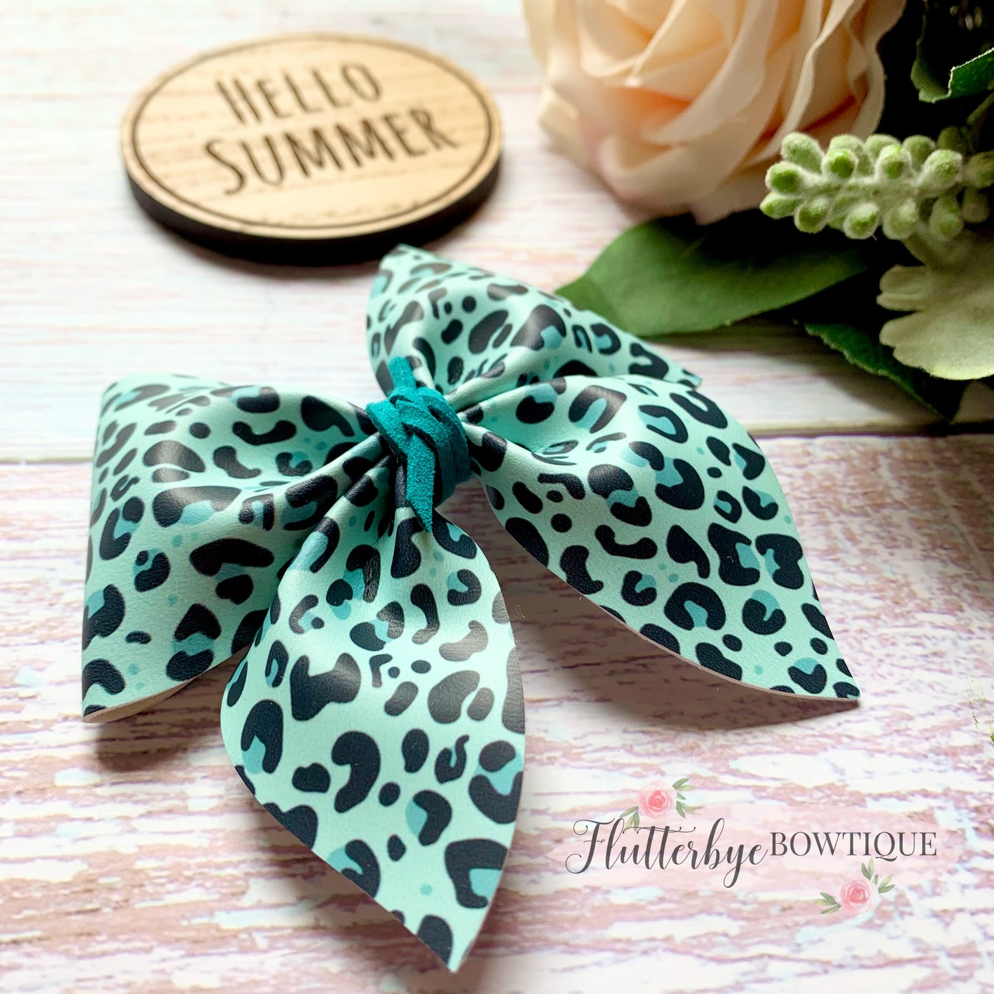 Bright Leopard Party Pinch Hair Bow, Animal Print Leather