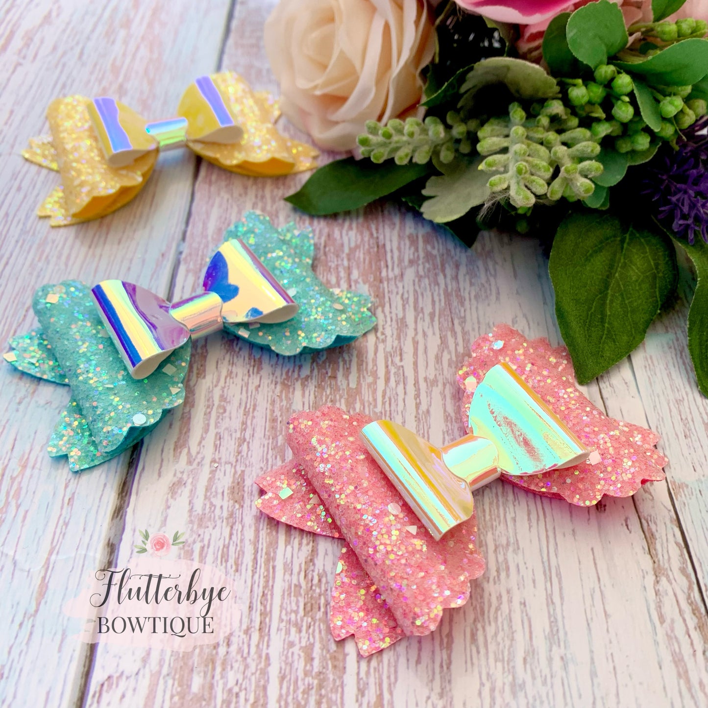 Iridescent Glitter and Mirror Scalloped Double Bow