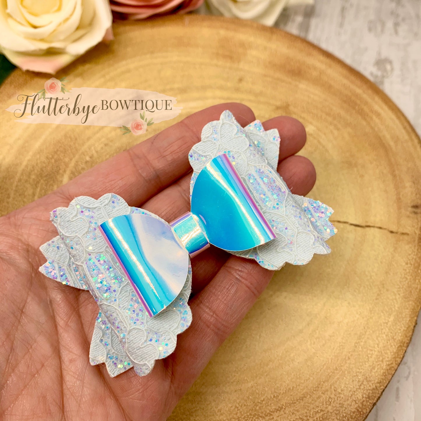 Iridescent Glitter Lace and Mirror Scalloped Double Bow - Flutterbye Bowtique