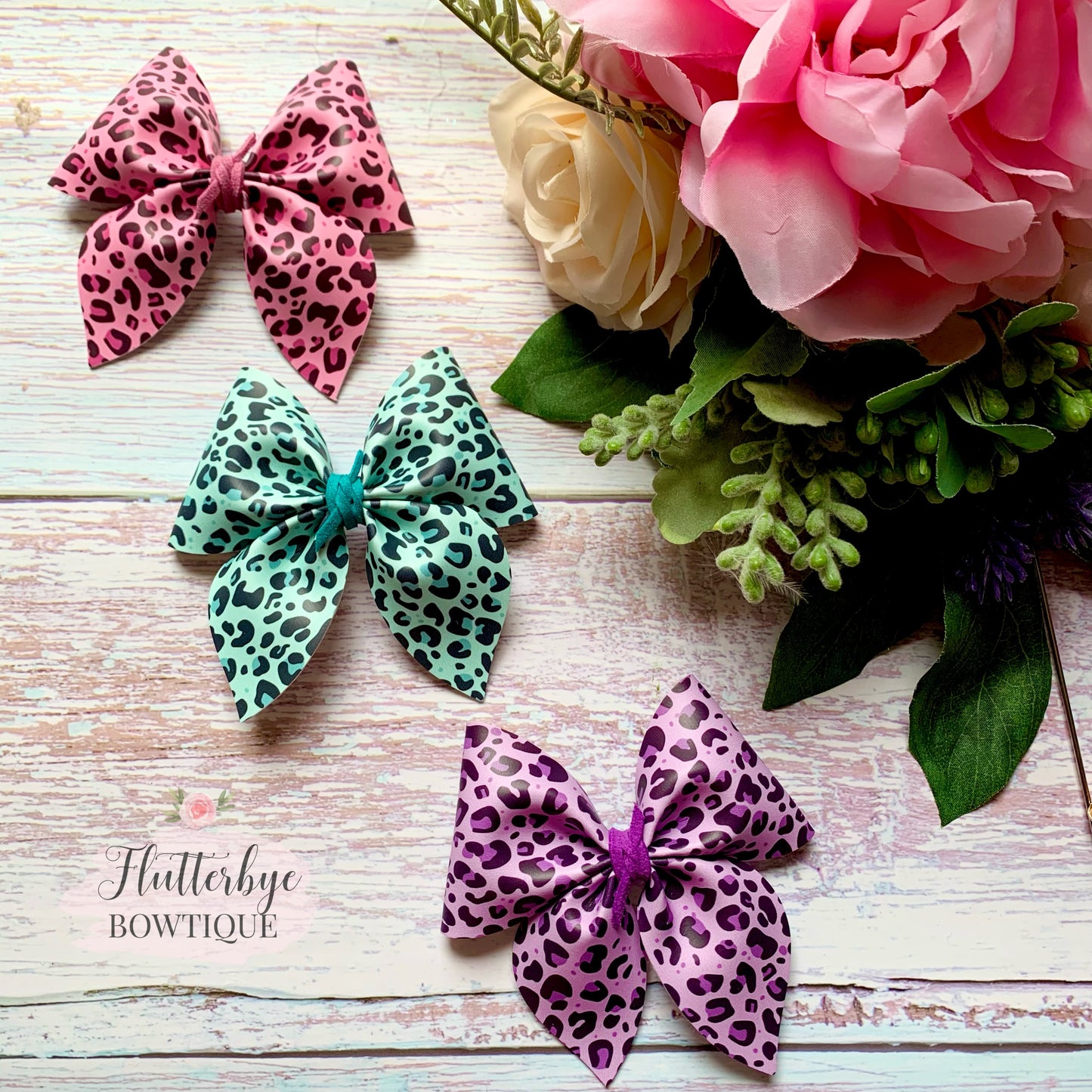 Bright Leopard Party Pinch Hair Bow, Animal Print Leather