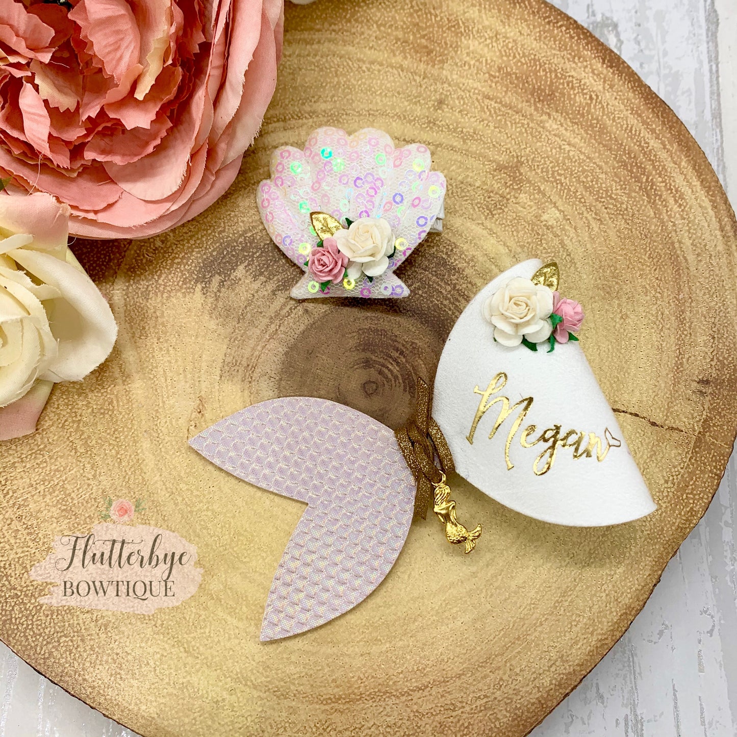 Personalised Mermaid Hair Bow and Shell clip set - Flutterbye Bowtique