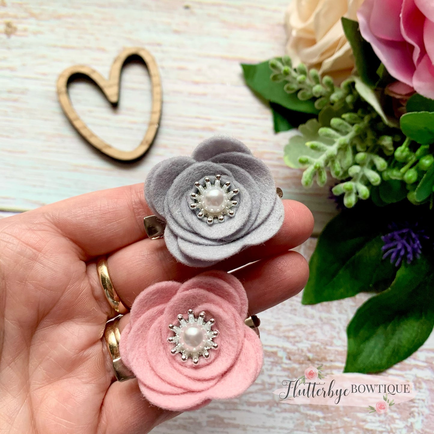 Pearl Felt Flower Clips