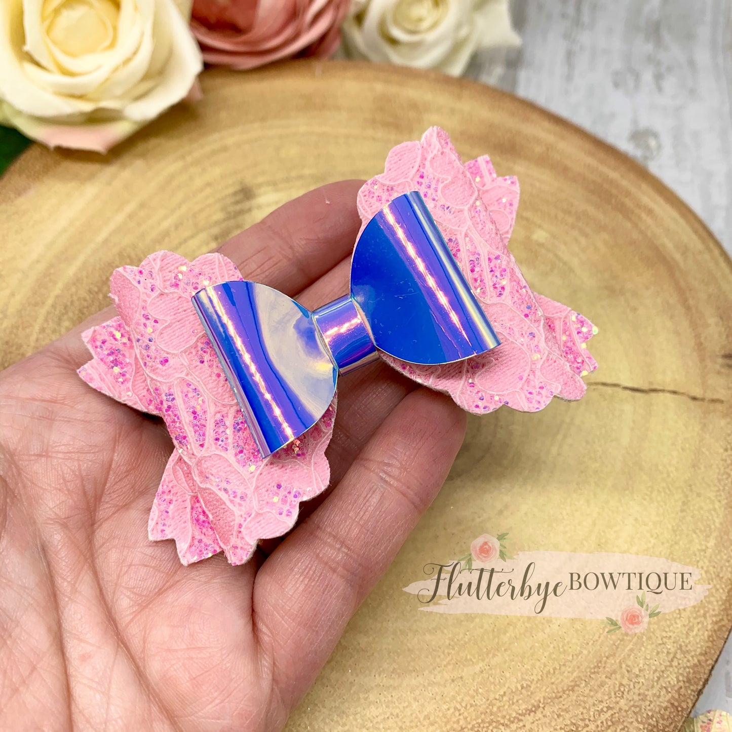 Iridescent Glitter Lace and Mirror Scalloped Double Bow - Flutterbye Bowtique