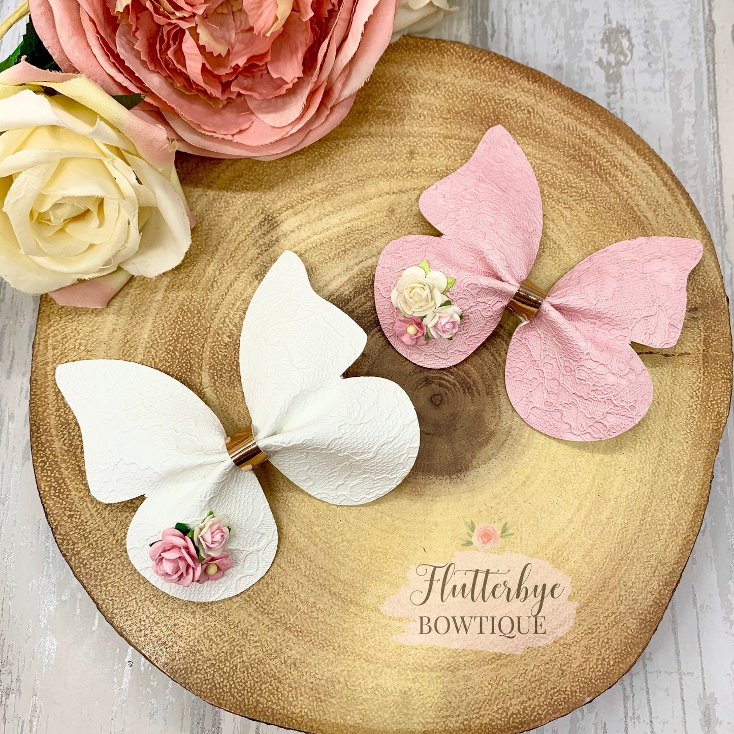 Lace Leatherette Butterfly Hair Clip, Floral Butterflies bow - Flutterbye Bowtique