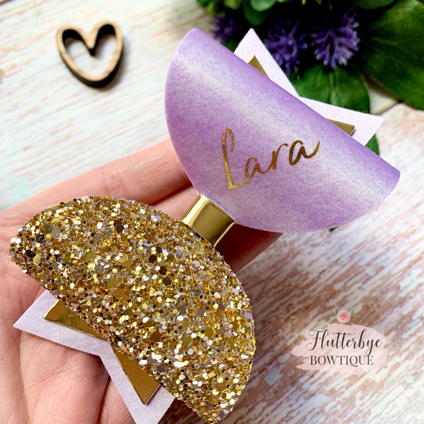 Personalised Lilac Satin Bow, Gold Glitter Name Bow