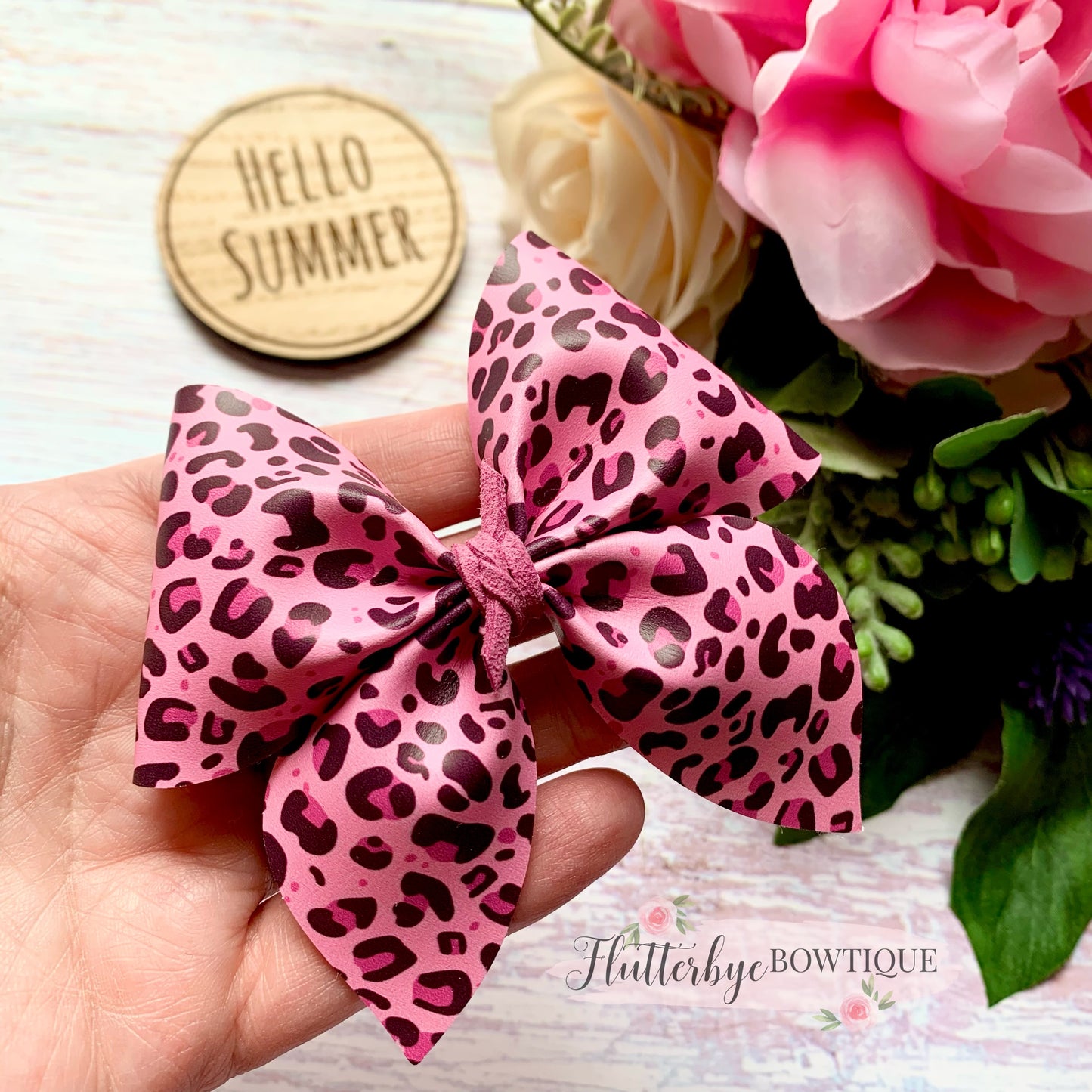 Bright Leopard Party Pinch Hair Bow, Animal Print Leather