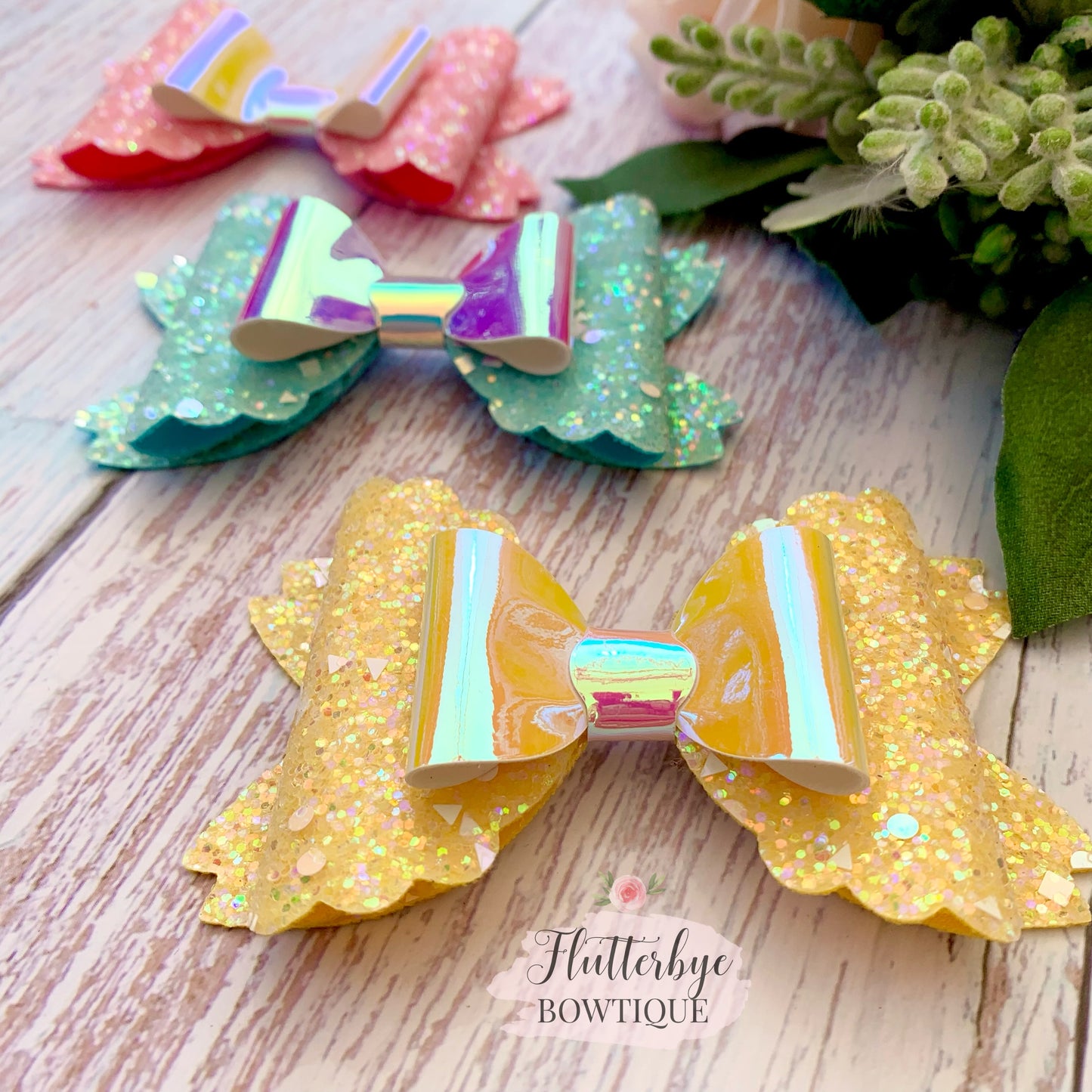 Iridescent Glitter and Mirror Scalloped Double Bow