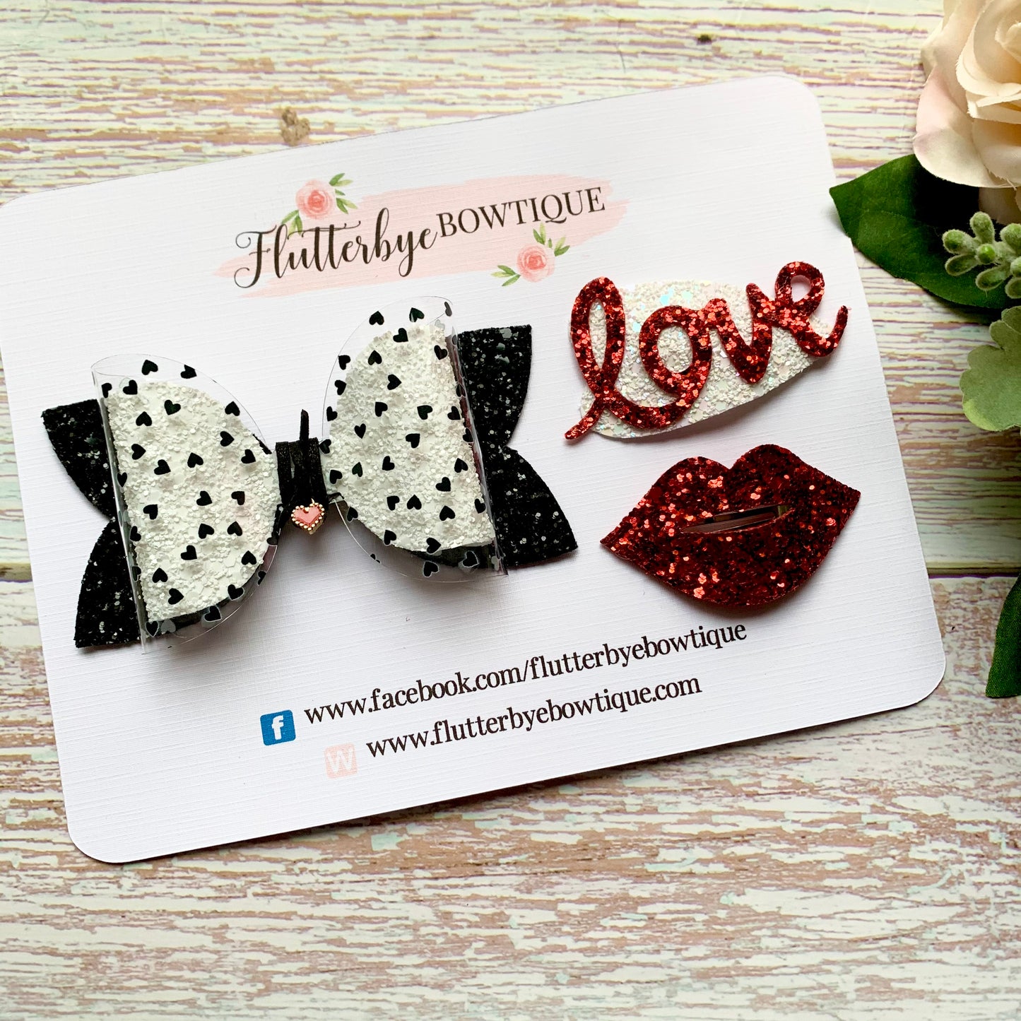 Tiny Monochrome Hearts Sparkle Glitter Hair Bow