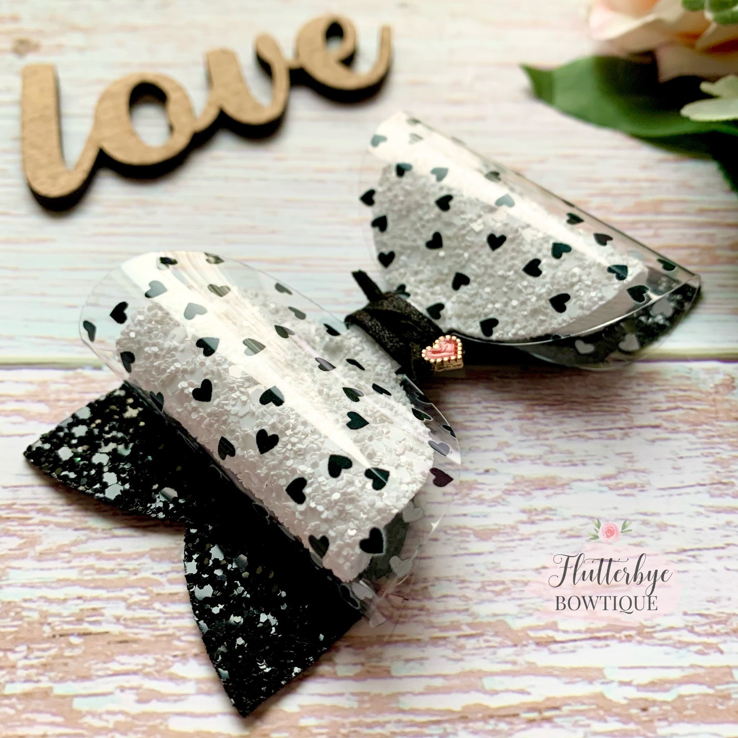 Tiny Monochrome Hearts Sparkle Glitter Hair Bow