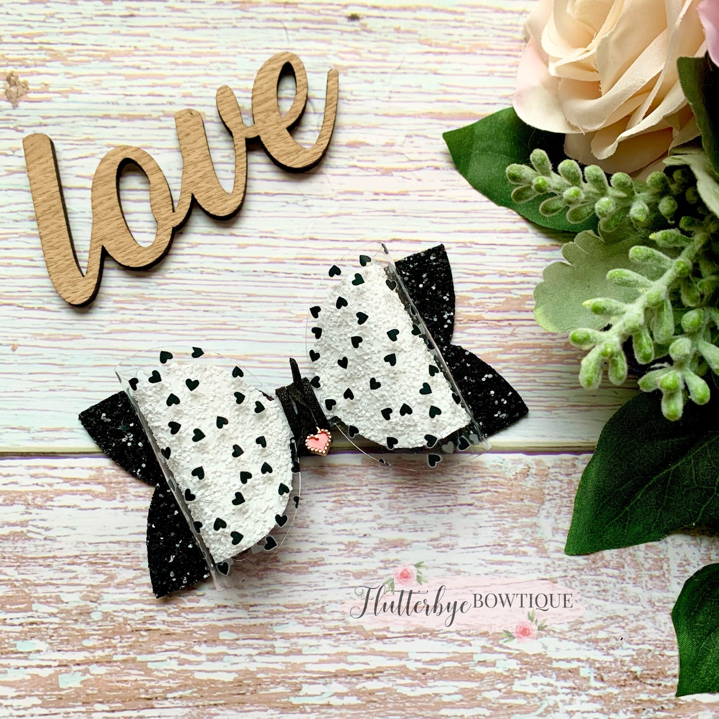 Tiny Monochrome Hearts Sparkle Glitter Hair Bow