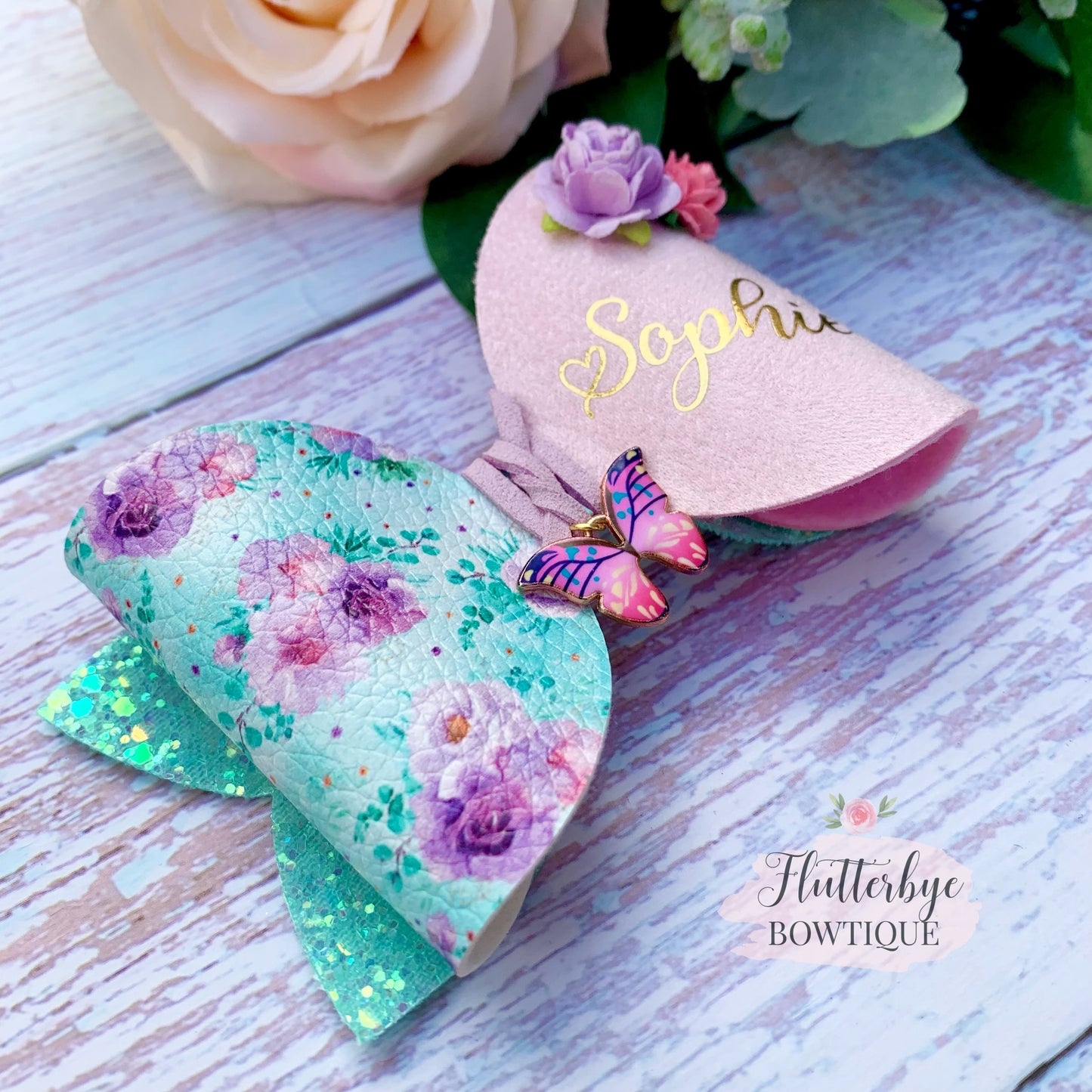 Mint Floral Hair Clips, Butterfly Charm bow