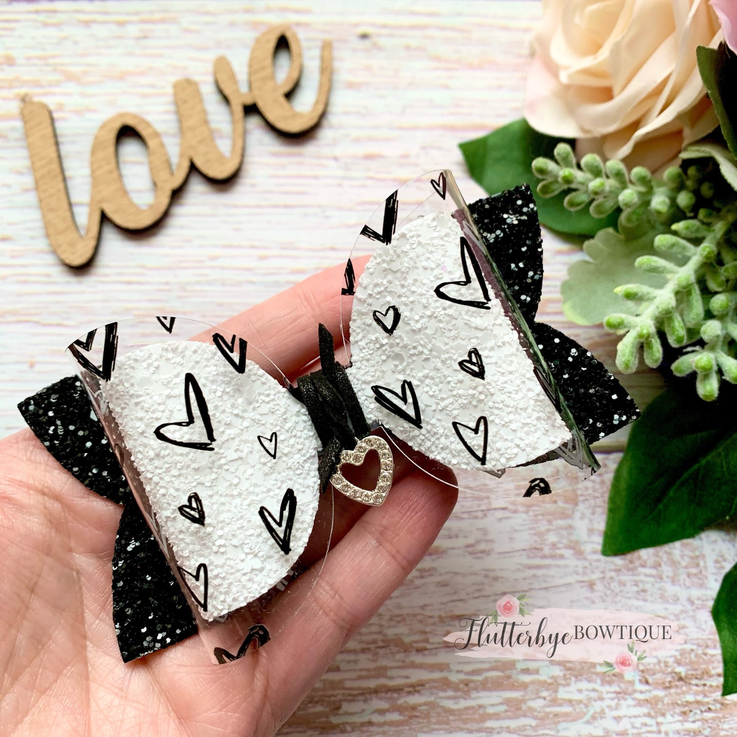 Monochrome Hearts Sparkle Glitter Hair Bow