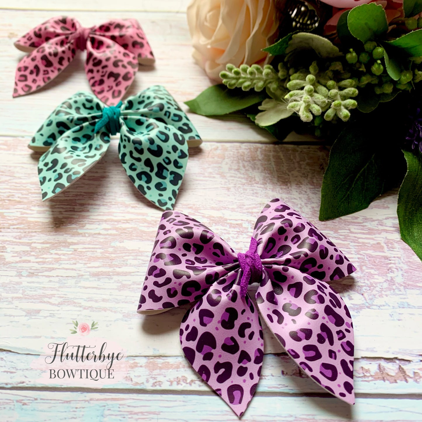 Bright Leopard Party Pinch Hair Bow, Animal Print Leather